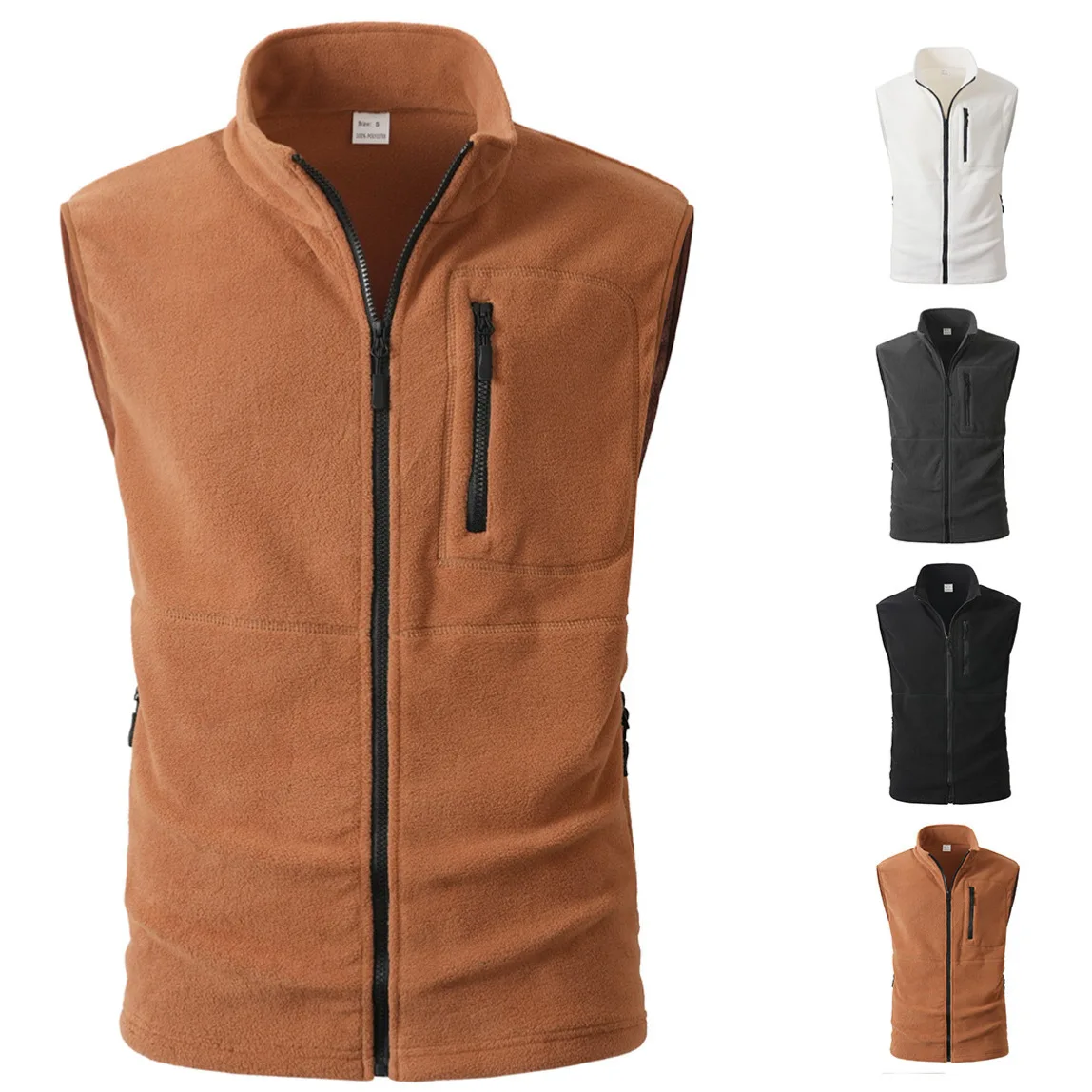 Men Fleece Vest Stand Collar Zip Up Sleeveless Gilet Multi Zipper Pockets Warm Outdoor Casual Winter Autumn Waistcoat Outerwear
