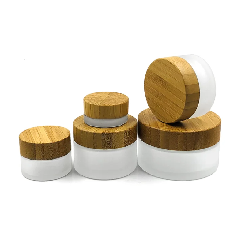 5/15/30/50/100g Frosted Glass Cream Bottles with Wood Grain Bamboo Lids Empty Foundation Shampoo Cosmetics Jars Cans Wholesale