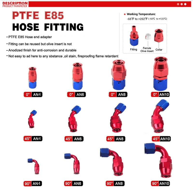 

PTFE AN6 8 10 straight 45 90 DEGREE REUSABLE SWIVEL PTFE HOSE END FITTING