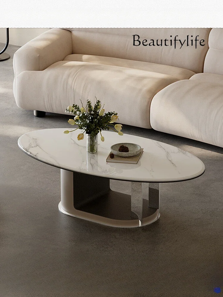 

Modern Minimalist Microcrystalline Tea Table Living Room Home High-Grade Saddle Leather Oval Tea Table