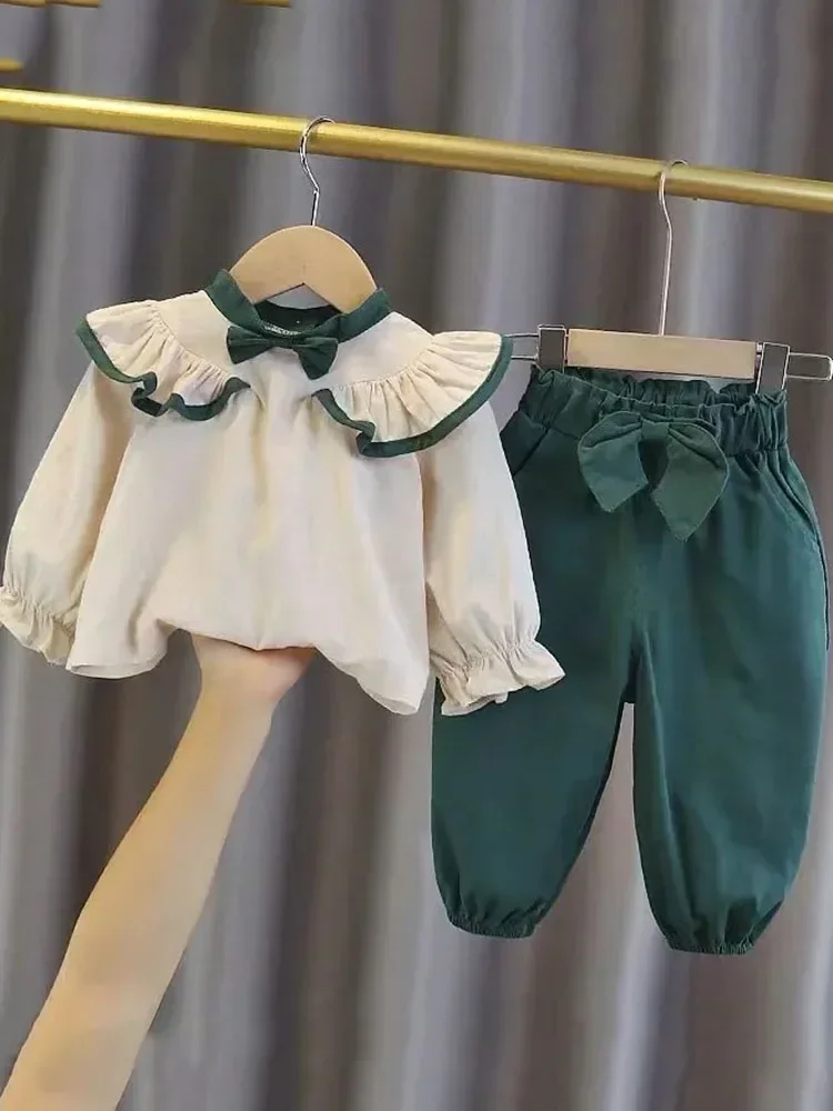 Cotton Linen Lotus Leaf Shirts Long Sleeve Tops Baggy Bow Jogger Pants Outfit Sweet Cute Girls Conjuntos Children 2 Piece Sets