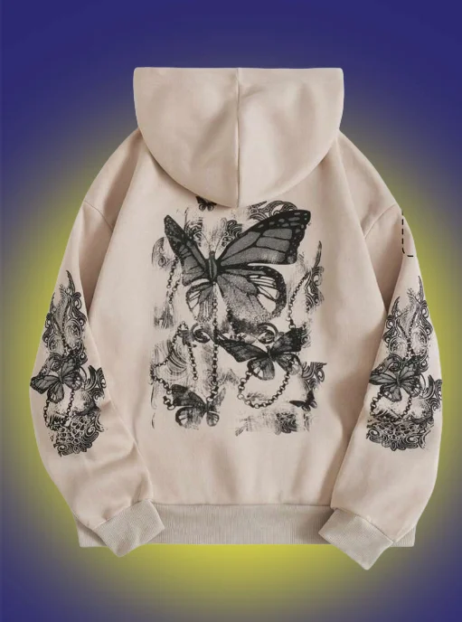 

2025 Winter Butterfly Women's Hoodie High Street Unisex Style Double Pockets Oversize Loose Hooded Sweatshirts Outerwear Top