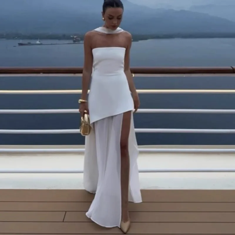 

Elegant Sexy Dress for Women 2025 Summer Irregular Strapless Backless Spliced Mesh Slit Long Dress Beach Vacation Evening Party