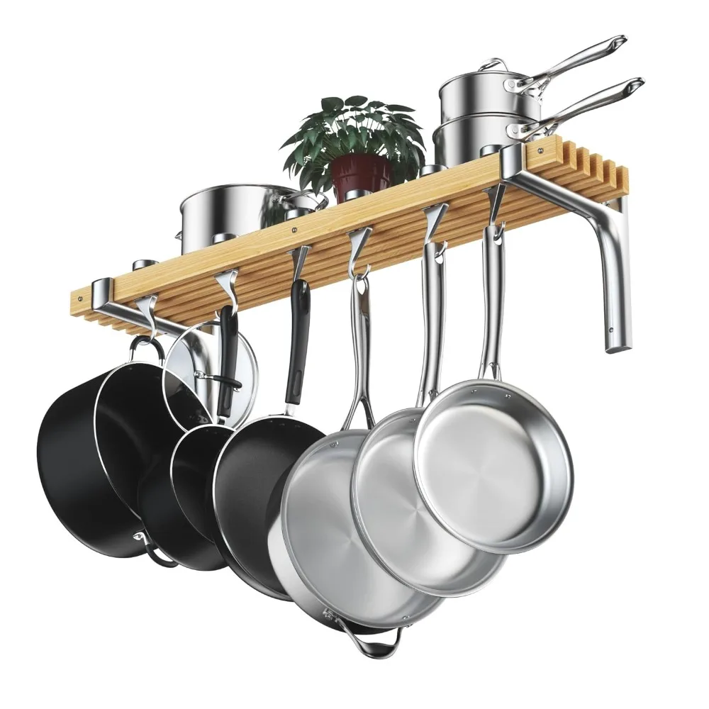 Padrão Wall Mounted Madeira Pot Rack, tempero titular, armário de cozinha, armazenamento prateleiras, Spices Stand, 36 por 8 em