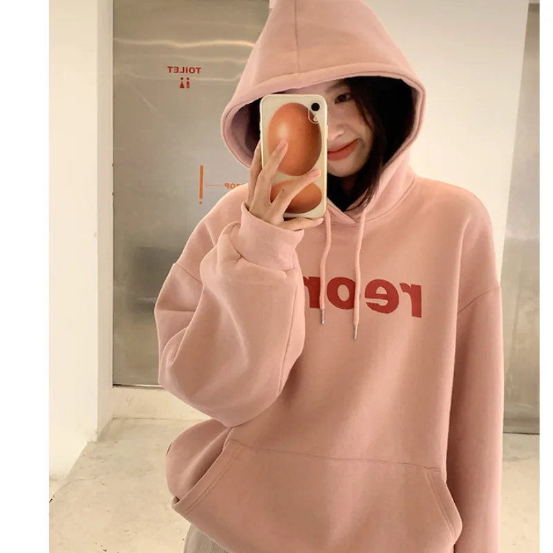 

Autumn Women' Clothing Korean Fashion Baggy Solid White Grey Pullover Sweatshirt Letter Print Raglan Sleeves Long Sleeves Hoodie