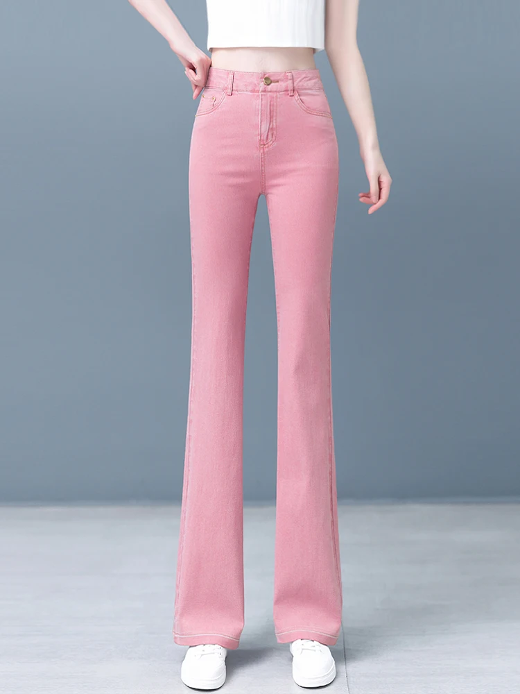 

Розовые джинсы-клеш для женщин, утягивающие, с высокой талией, слегка расклешенные, летние, из тонкого хлопка, эластичные, повседневные, прямые брюки из денима