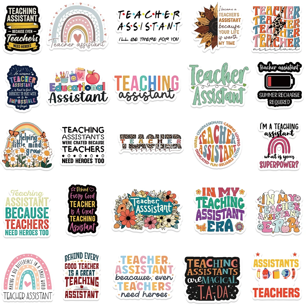 50PCS Teacher Assistant Sticker Art DIY Waterproof Journal Motorcycle Car Diary Phone Laptop Luggage Fridge Bike Toy Decals