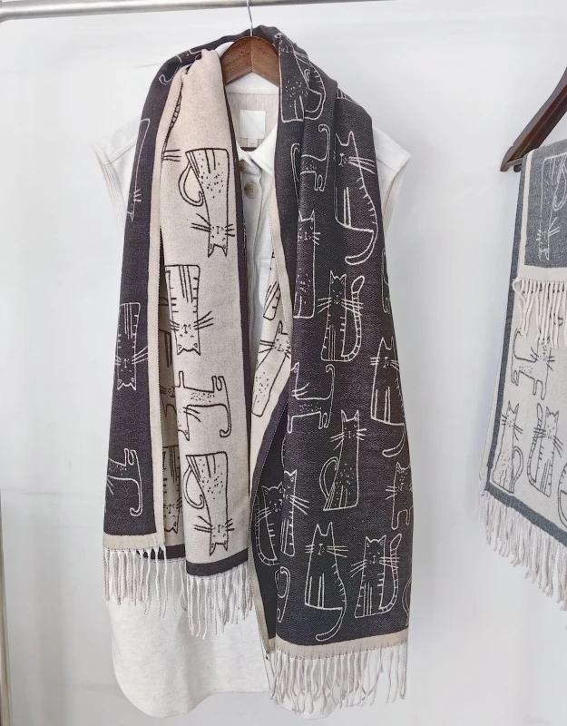 Winter Warm Cashmere Long Scarf Cute Kitty Print Thick Shawl With Tassels