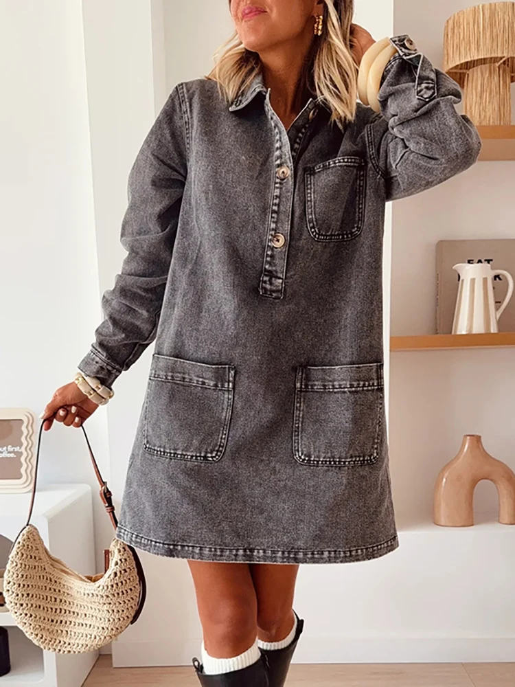 خمر ليوبارد طباعة جيب مكتب اللباس المرأة عارضة عالية الخصر ألف خط فساتين الربيع طويلة الأكمام فضفاضة الدنيم فستان قصير