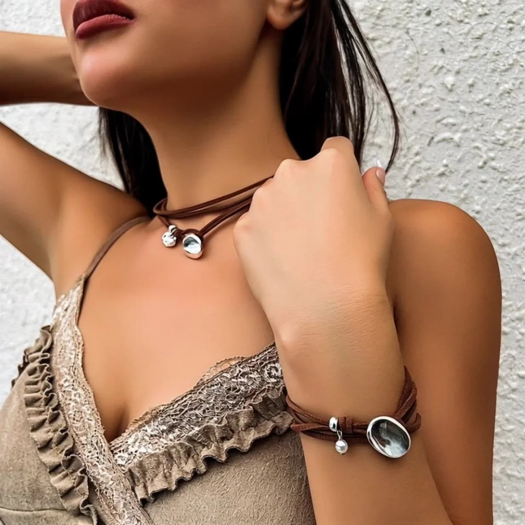 

DUTRIEUX Brown Maillard Style Necklace Lockbone Chain Bracelet Set Personality Cool Spicy Girl Chocker Jewelry Accessories Gifts