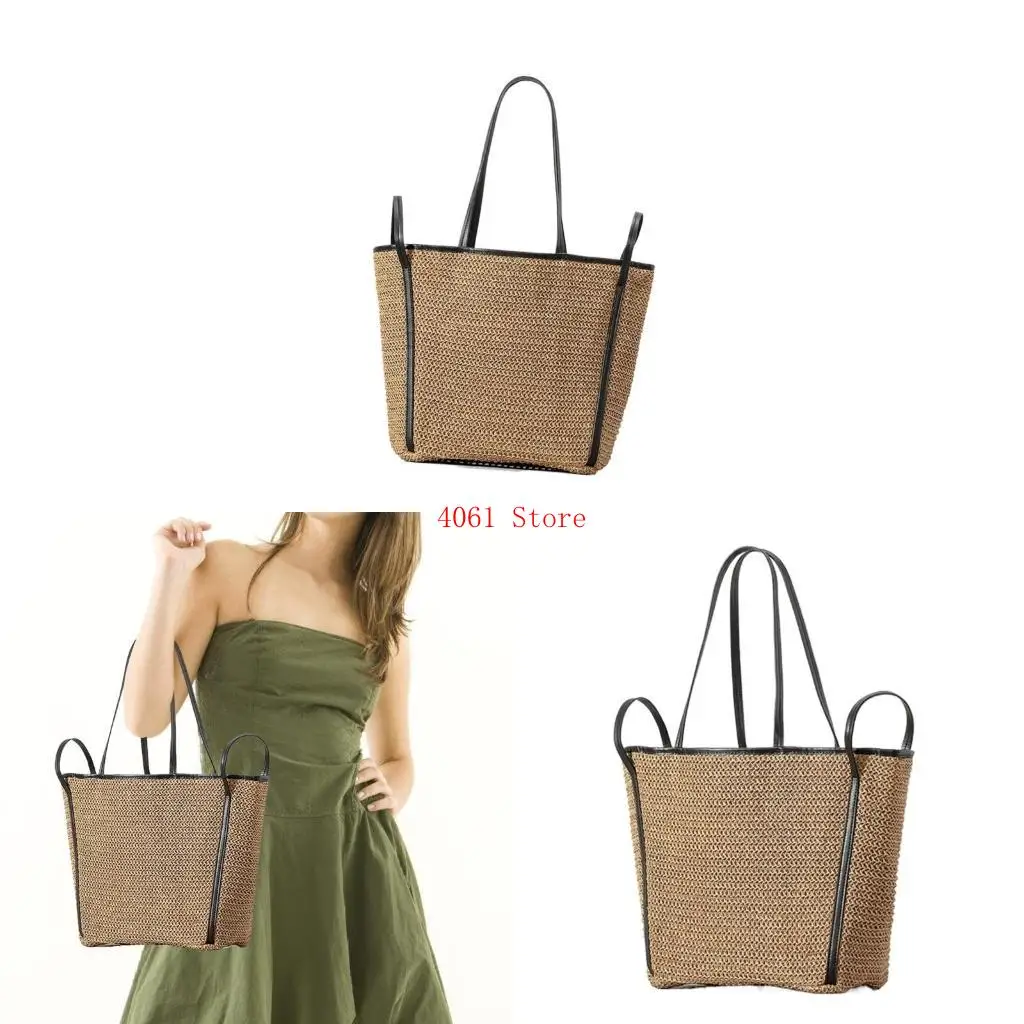 

Large Capacity Straw Bag With Zippered Closure Shoulder Bags Casual Handbag Great For City Shopping And Family Trips
