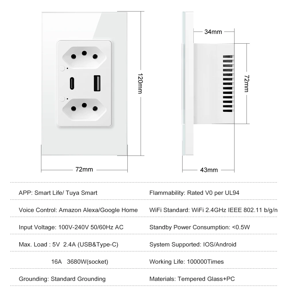 AVATTO Tuya WiFi Smart Brazil Wall Socket USB Fast Charger Dual Outlets Work For Google Home Alexa With TypeC Ports Power Outlet