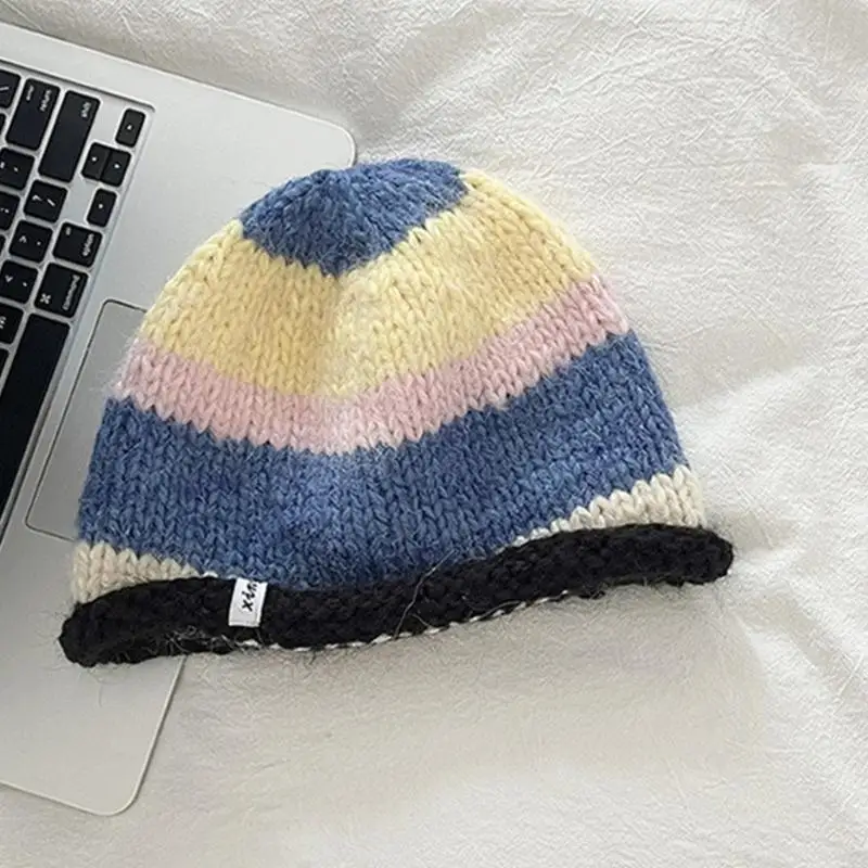 

L5YA Traveling Bucket Hat Crochet Striped Plush Fisherman Hat for Y2K Girls Shopping