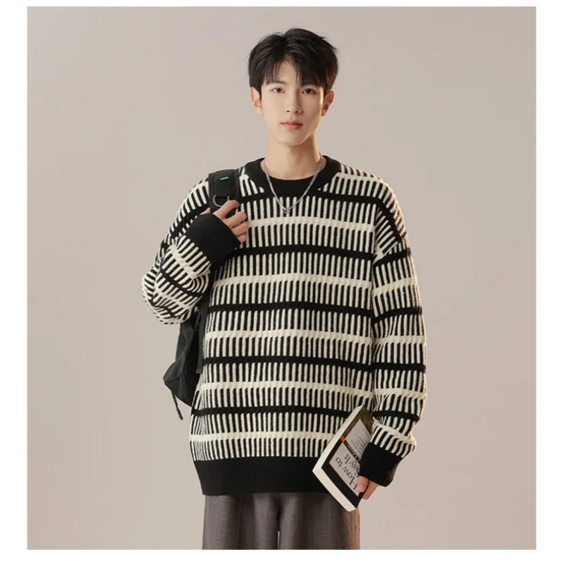 Autumn Winter Murad Colour Knit Crew Neck Pullover Sweater Men's Stripe Warm Knit Tops Soft Loose Women