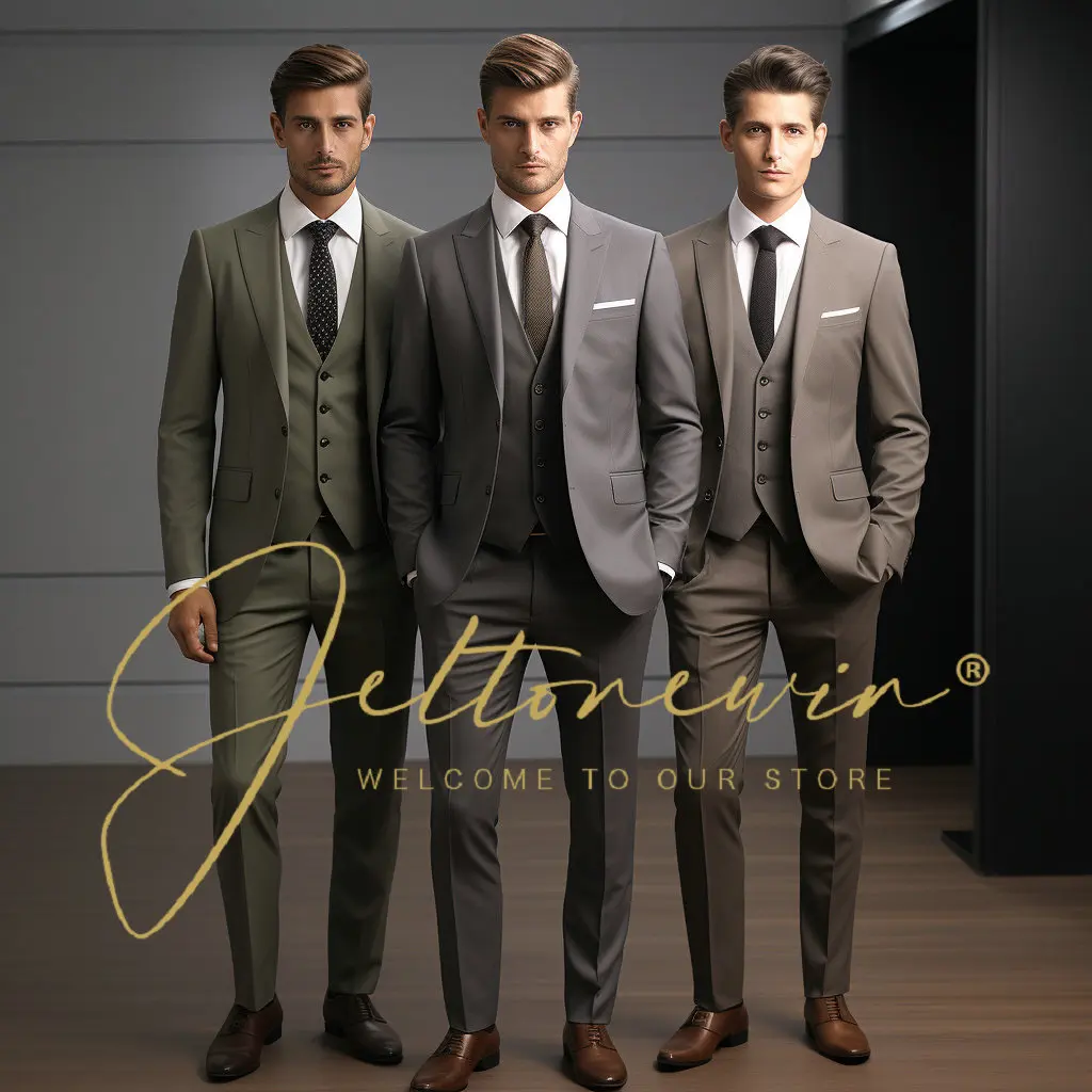 

Fashion Suit Set For Male Casual Party Fashion Blazer Pants 3 Pieces Wedding Groomsman Formal Peaked Lapel Outfits