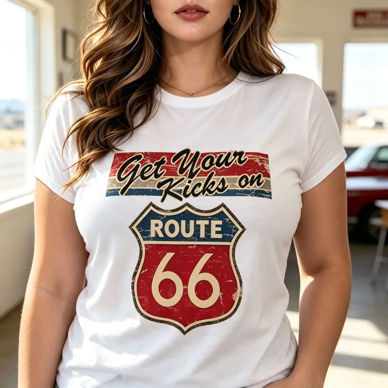 Get Your Kicks on ROUTE 66 Vintage Road Sign Print Soft Modal Women T-Shirt Retro Americana Casual Female Fashion Top