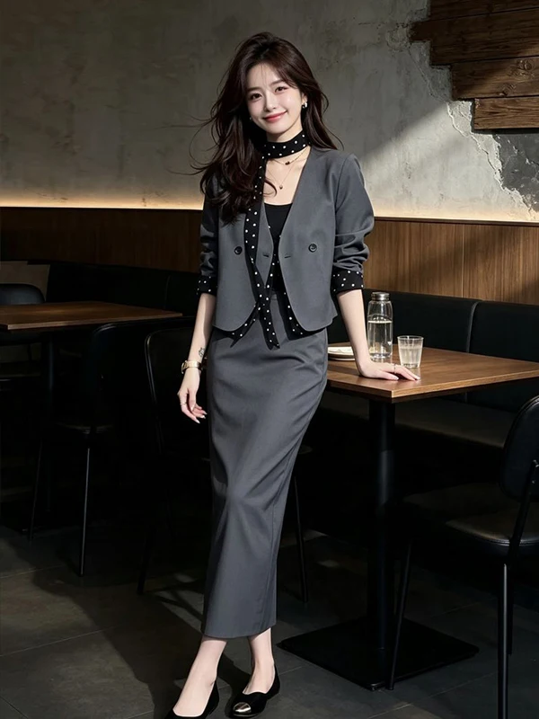 Korean Style Elegant Polka Dot Color Block Jacket High Waist  Skirt Two Piece Set Women's Fashion Autumn Collection