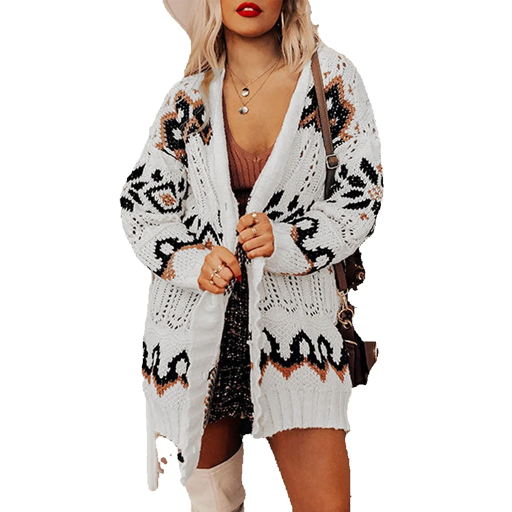 

White Tribal Pattern Hollow Out Knitted Cardigan Sweater Women's Winter New Long Sleeve Coat 271743