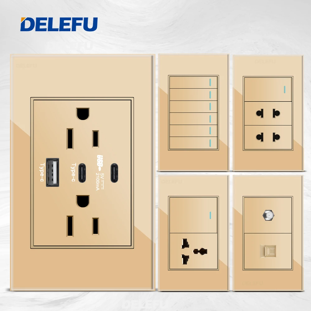 DELEFU Gold Tempered Glass USb Type C US Standard Outlet Mexico Plug Wall Socket Light Switch Fast Charge SAT TV Tel CAT5 CAT6