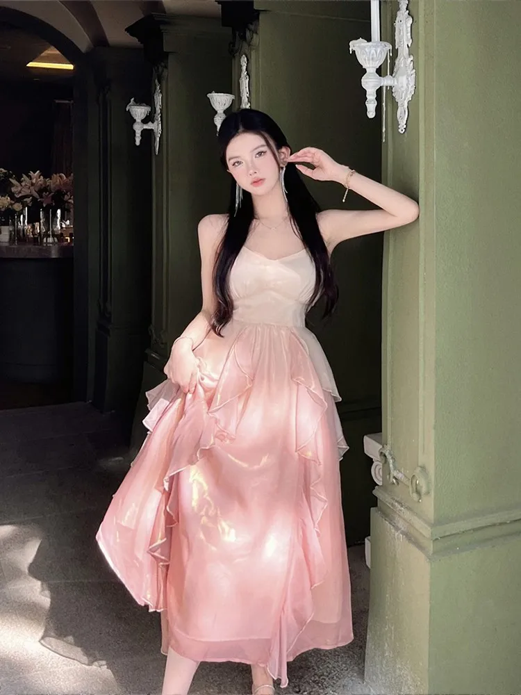 Slightly Oversized Girls Court Style Sweet Hot Ruffled Spaghetti Straps Dress Fairy High Sense Elegant Princess Long Dress