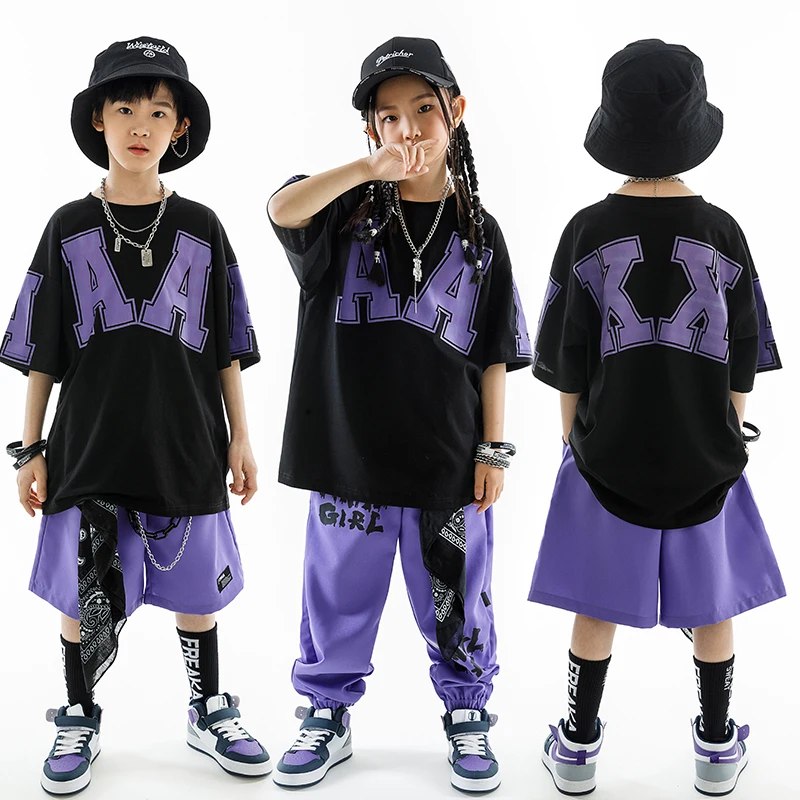 Summer Boys Loose Short Sleeved T-Shirt Jogger Pants Hip Hop Dance Costume Kids Jazz Performance Clothes Girls Rave Wear BL10489