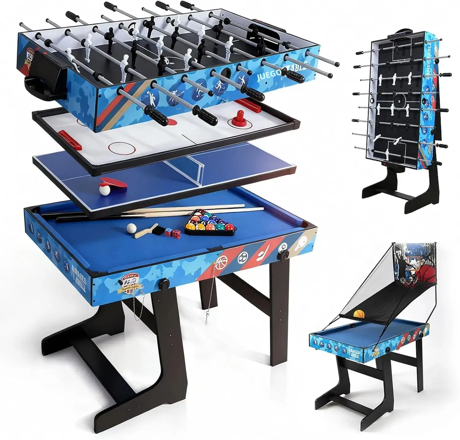 Mesa de juegos combinada 5 en 1 para niños: tenis de mesa, billar, futbolín, hockey de mesa y baloncesto.