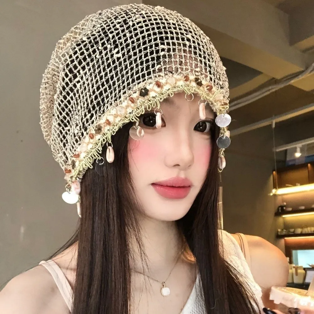 Seasheel Tassel Trim Mesh Beanie for Women Breathable Versatile Knit Skull Cap Soft Hollow Out Beaded Crochet Cap Spring Summer 5