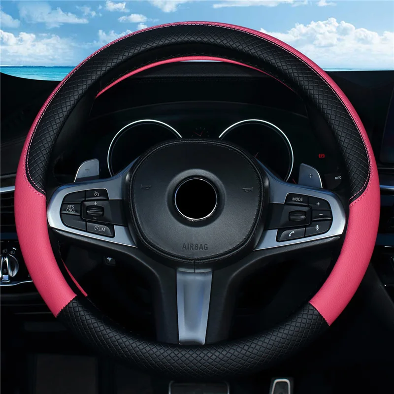 

SEAMETAL 38cm Steering Wheel Cover PU Leather Anti Slip Steer Wheel Protector Breathable Fiber Braid Universal Steering Cover