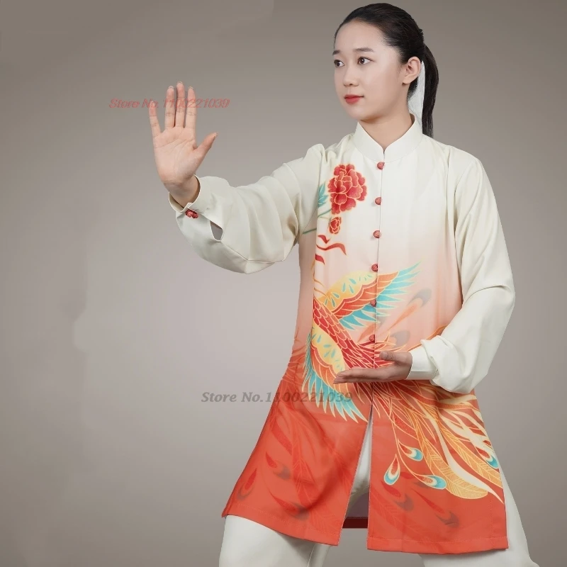 2026 chinese tai chi wushu taiji uniform morning exercise phoenix print tops+pants set training exercise stage performance suit