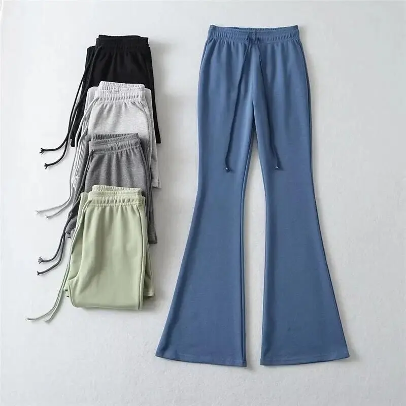 Sexy Hot High Waist Pockets Flare Pants Drawstring High Strecth Comfort Leisure Yoga Joggers Pants Spring Autumn Women Trousers