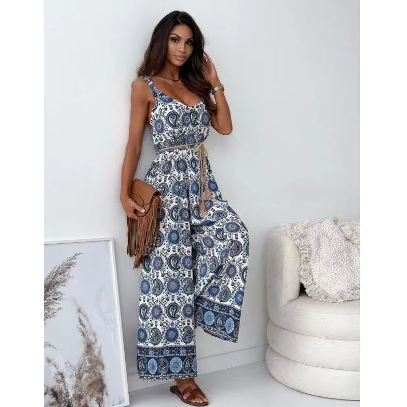 

Summer New Retro Sexy V-neck Backless Sleeveless Printed Jumpsuit Straight Tube Loose Fit Elegant Fashion Ladies Jumpsuit 8035