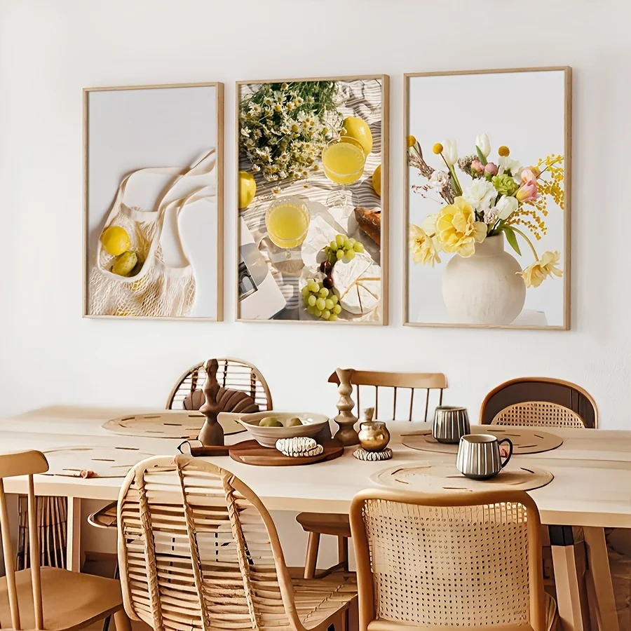 Lot de 3 impressions d'art décoratives sans cadre, toile murale neutre avec motifs citron et fleurs, imprimés jaunes aux motifs de fruits d'agrumes et floraux, style bohème estival