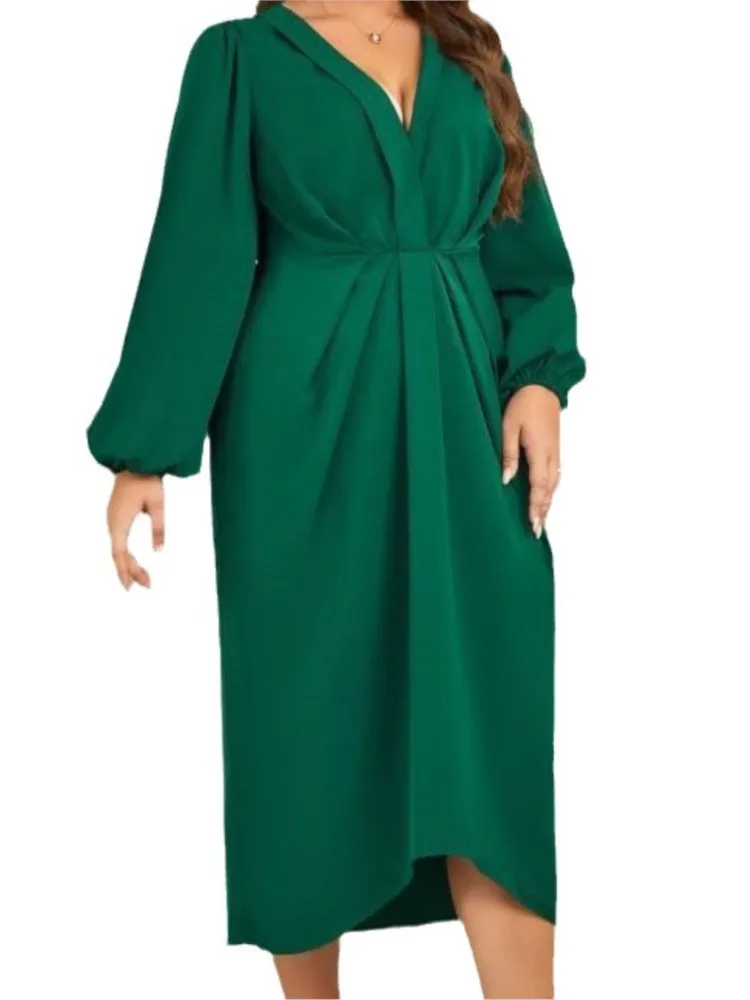 Robe mi-longue plissée à manches longues et col en V pour femmes, robes décontractées pour femmes, grande taille, mode automne, 2023