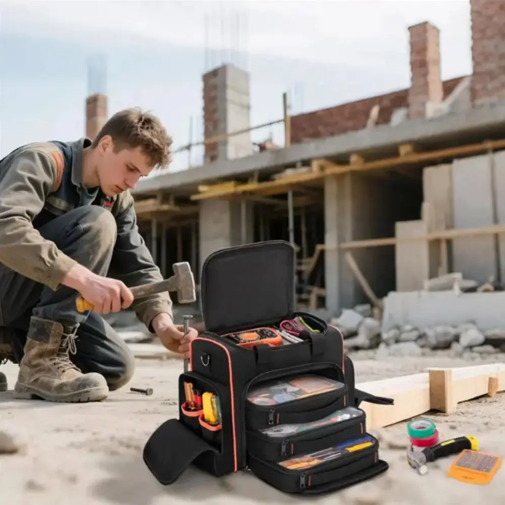 

Black Color Tool Bag 2 Layers Red Binding Removable Cases 3 Removable Cases 2-Layer Design Tool Tote Hand Tools Storage