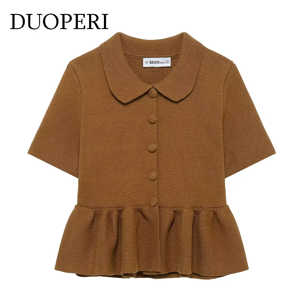 

DUOPERI Women Fashion Brown Knitted Sweater Vest Ruffed Lapel Neck Short Sleeves Female Chic Lady Casual Waistcoat
