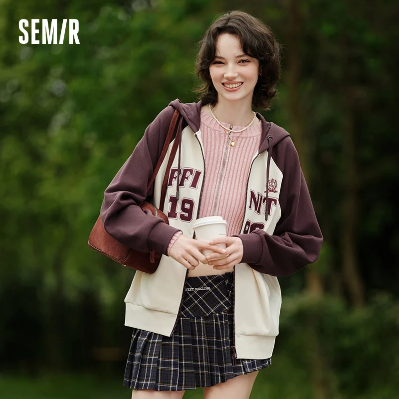 Semir Jacket Women Hooded Shoulder Sleeve Loose 2024 Autumn New Embroidery Color-blocking Jacket