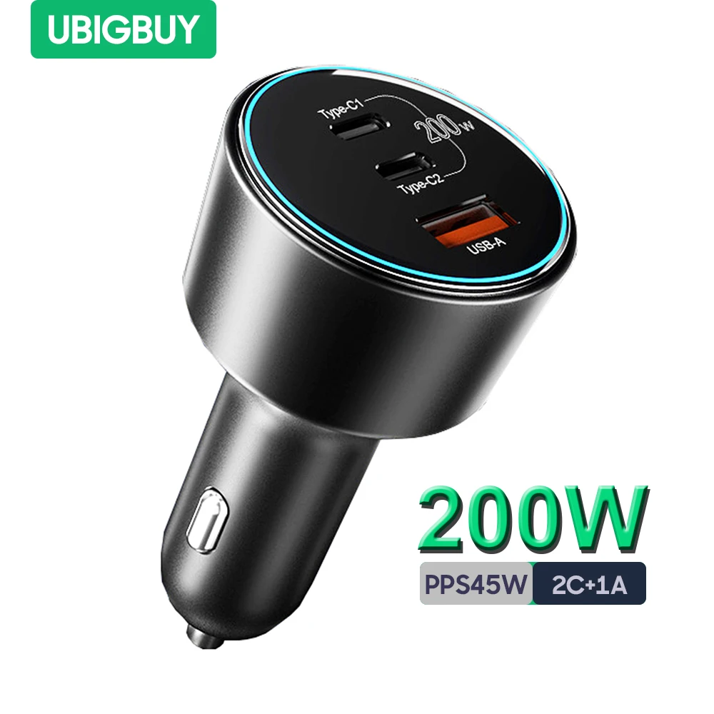 

Ubigbuy 200W Fast Car Charger 100W USB Type C Charger 3-Port PPS Super Fast Charging Car Adapter for MacBook Pro iPhone Samsung