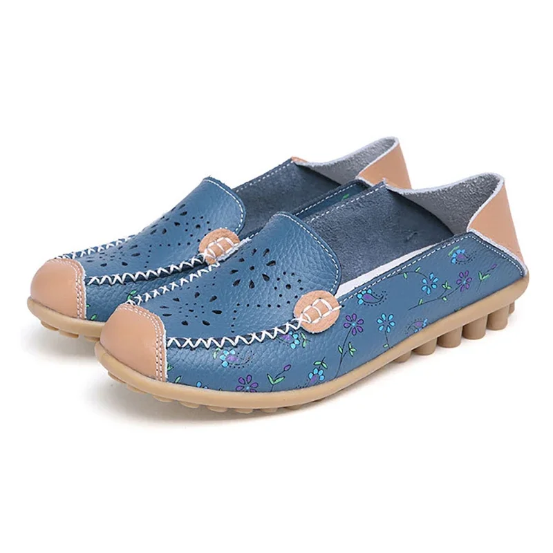 TIMETANG New Summer plus size Women cutouts Genuine Leather Mom shoes Comfortable Appliques Sewing Flats Casual ballet flats