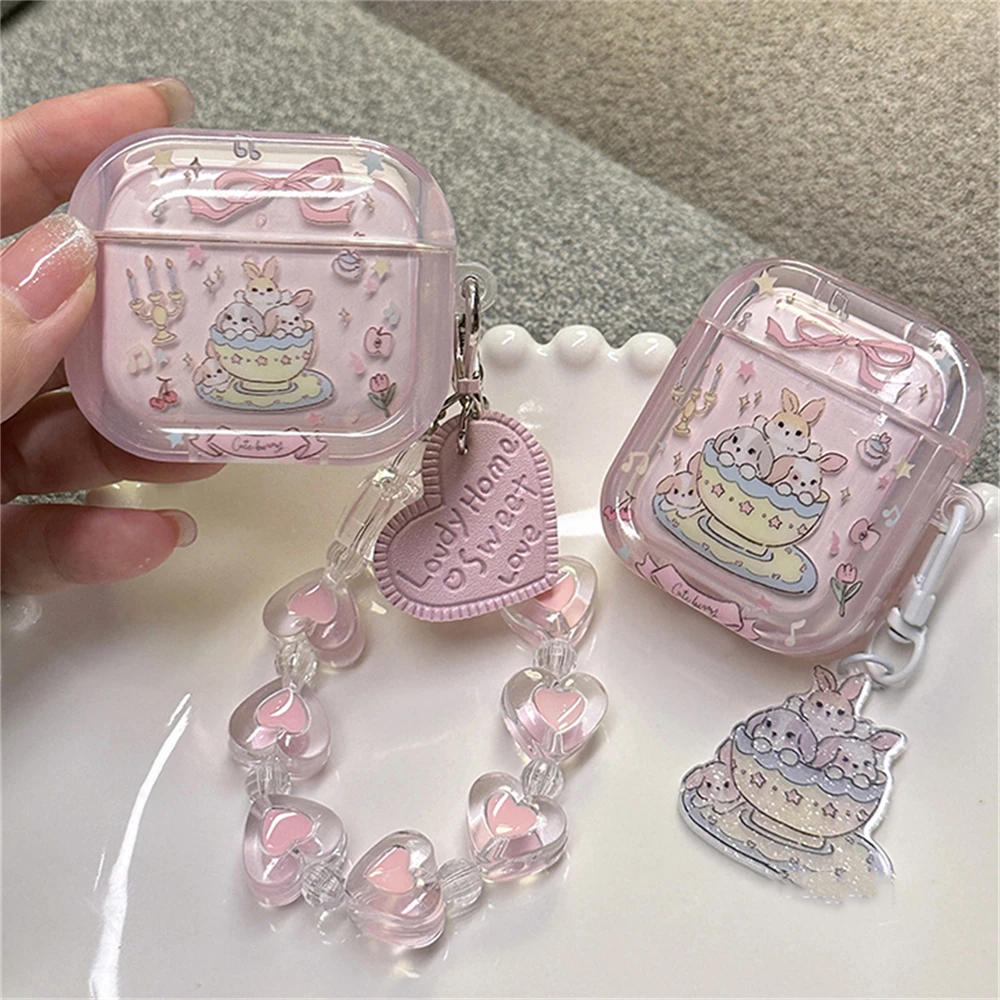 Kawaii Cute Cartoon Rabbit Teacup Headphones Protective Shell Soft Cover For AirPods 1 2 3 With Pendant Case For AirPods Pro 2