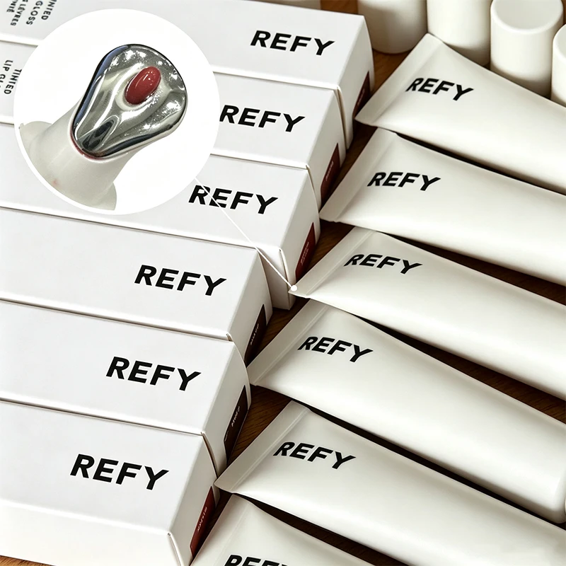 REFY Tinted Lip Gloss Cooling Metal Applicator Deeply Moisturizing Hydrating Plumping Shine Non-Sticky Satin Nude Lips Makeup