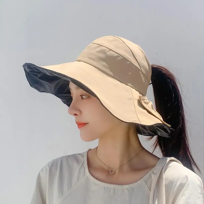 Female Sun Hat Summer Hollow Top Anti-ultraviolet Beach Sun Hat Large Brim Cover Face Outdoor Ponytail Fisherman Hat