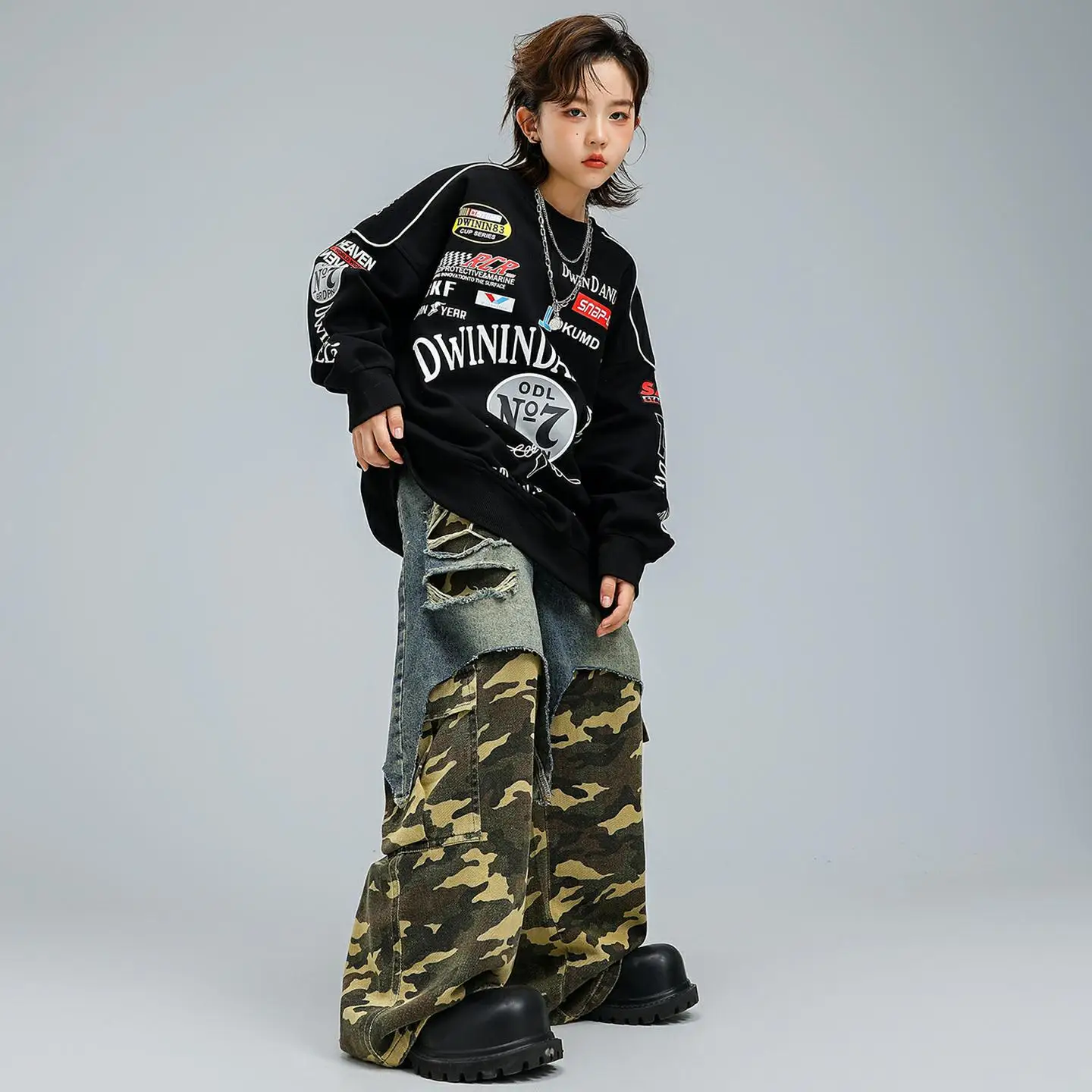 طفل Kpop الهيب هوب الملابس السوداء خطابات البلوز كامو الدنيم المرقعة ممزق السراويل لفتاة صبي الشارع أزياء رقص الملابس #4