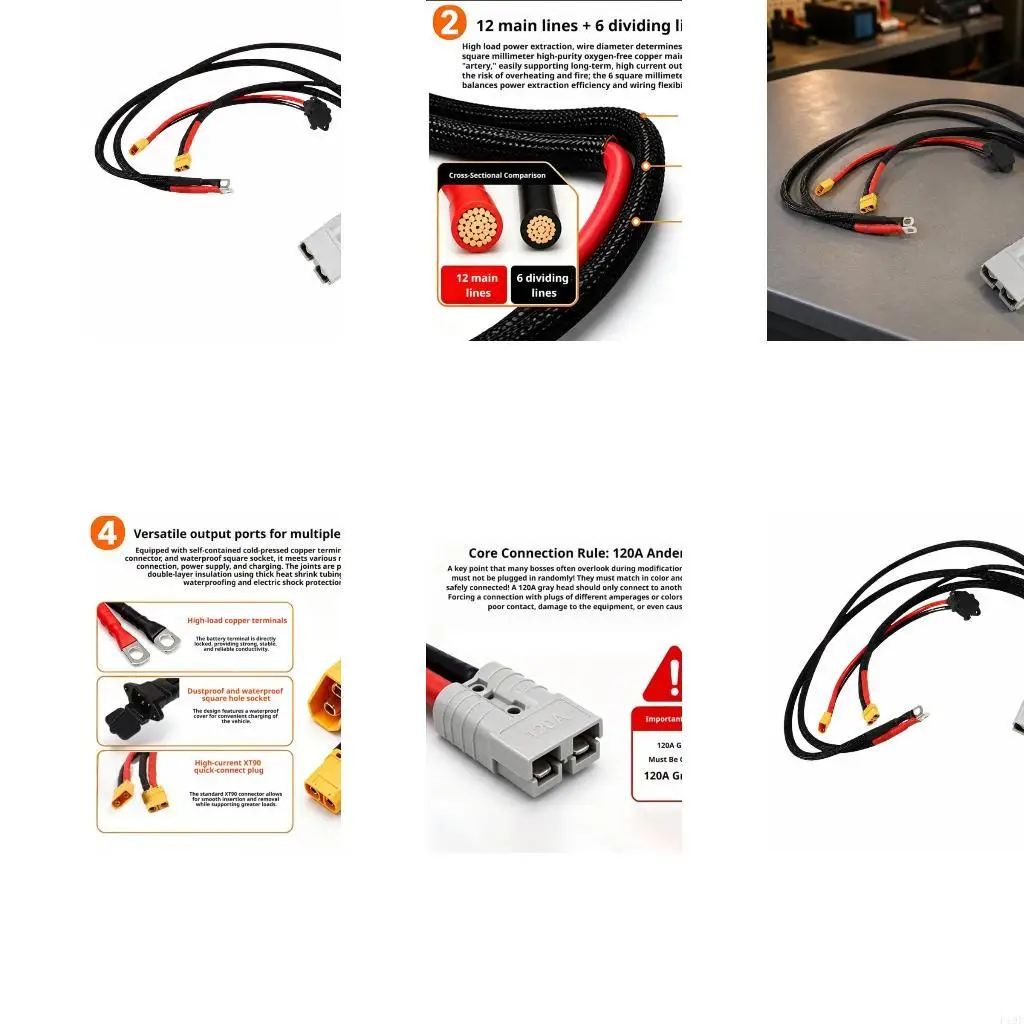 Electric Vehicle Battery Splitter Cable, 120A Preassembled XT90 Plug Ends for Branched Battery Wiring and Split Power F19E