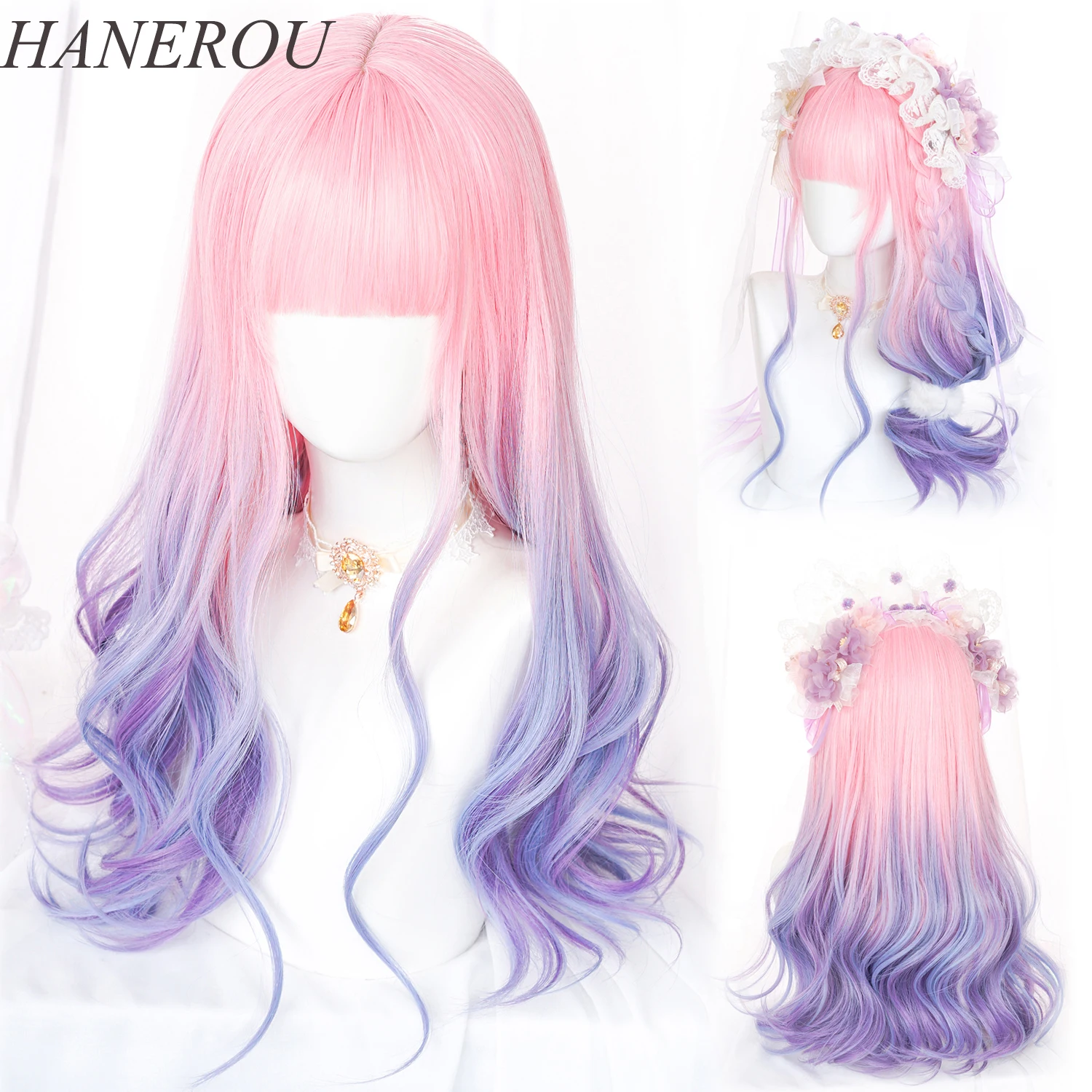 HANEROU-Perucas cosplay sintéticas para mulheres, ombre, rosa e roxo, perucas lolita com estrondo, festa diária, resistente ao calor