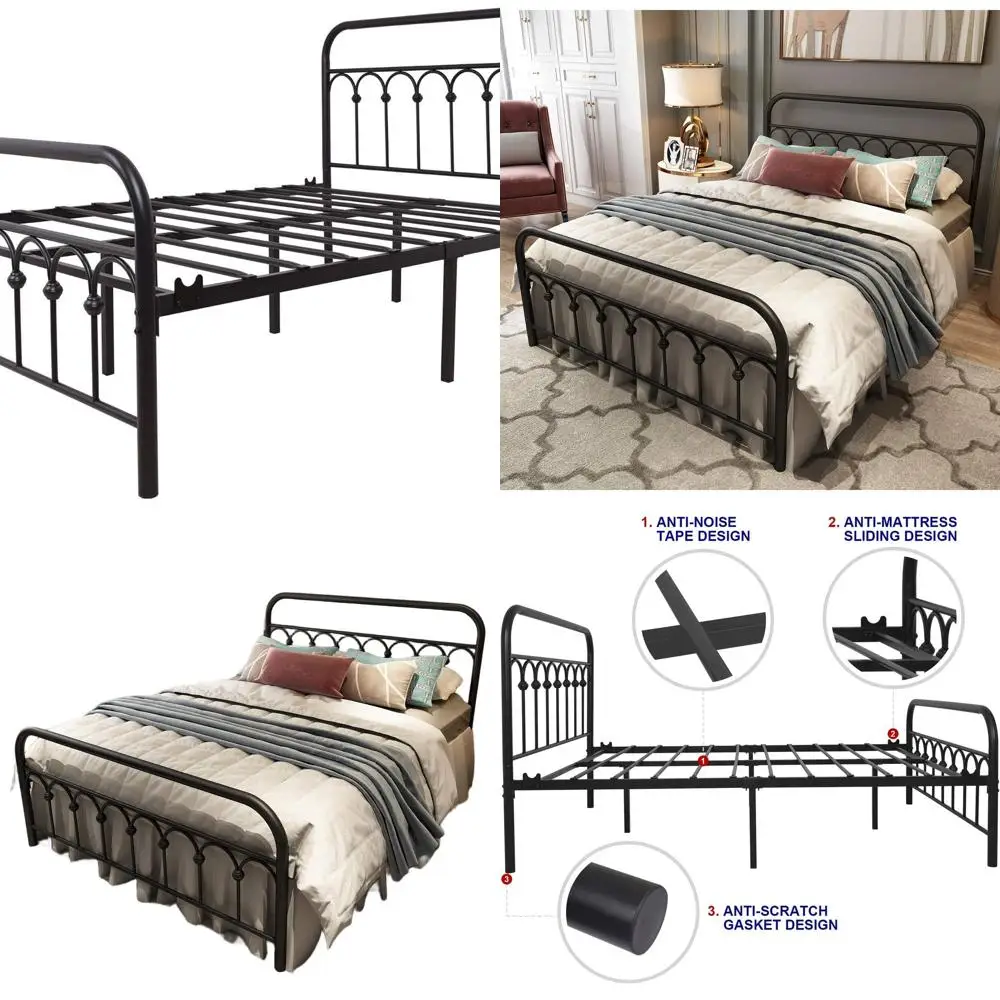 Vintage Full Size Metal Bed Frame with Wrought Iron Headboard, Footboard, and Platform Base in Black