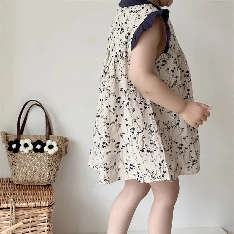 فستان صيفي بزهور للفتيات ، فستان صيفي قطني ، بدون أكمام ، قميص داخلي ، تنورة ، 2 طن ، 3 طن ، 4 طن ، 5 طن ، 6 طن ، 7 طن ، جديد