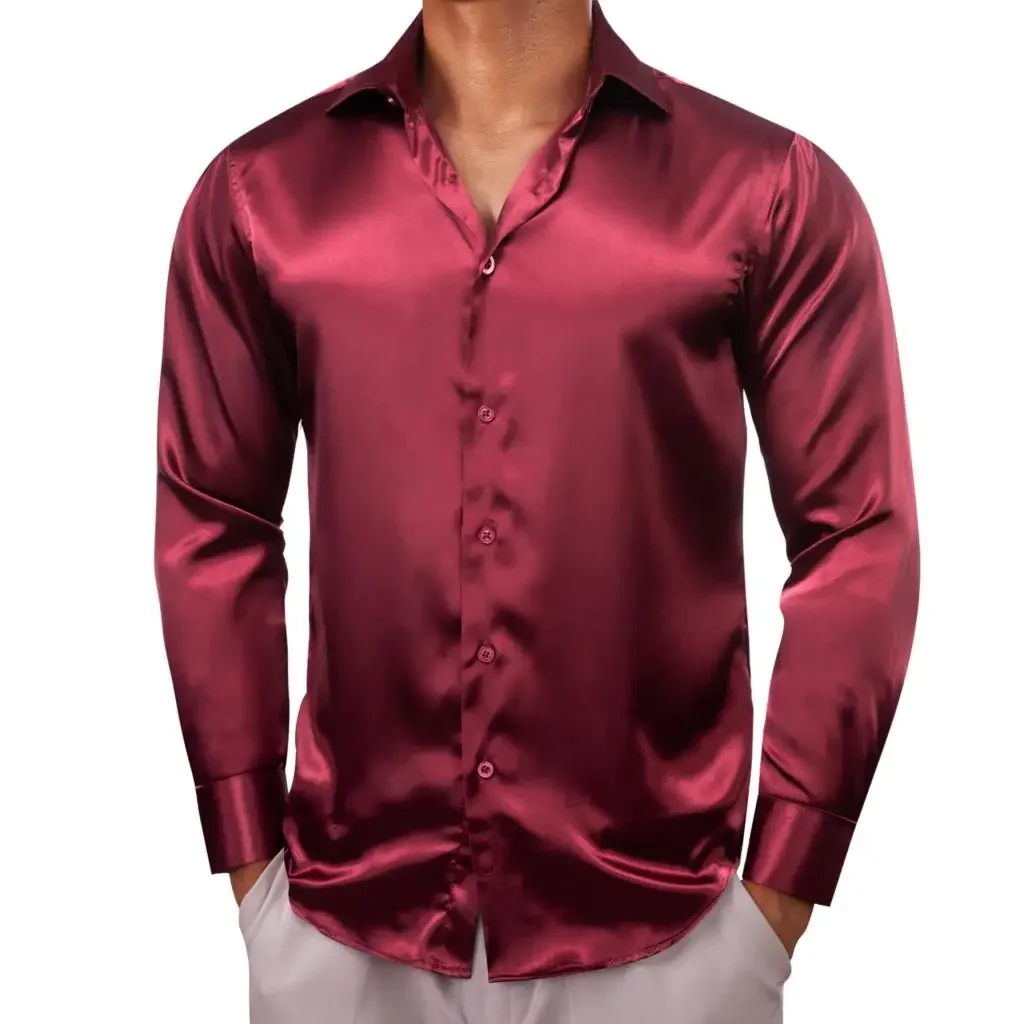 30 Colors Shirts for Men Long Sleeve Silk Solid Satin Red Blue Green Yellow Gold Purple Silver Male Clothing Casual