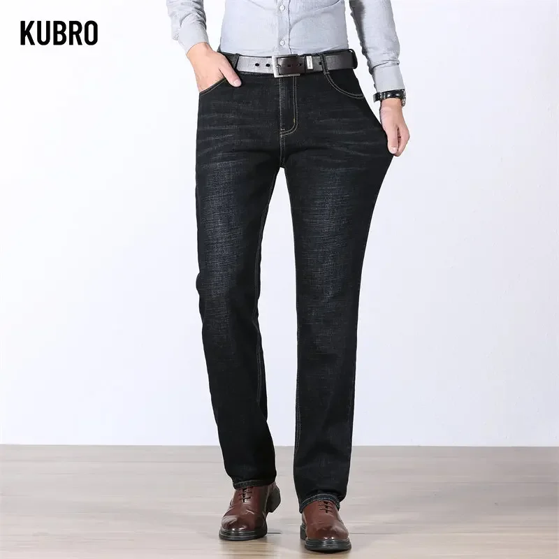 Kubro primavera calças de brim dos homens algodão negócios casual reta estiramento denim calças clássico marca dzinsy męskie designer calças