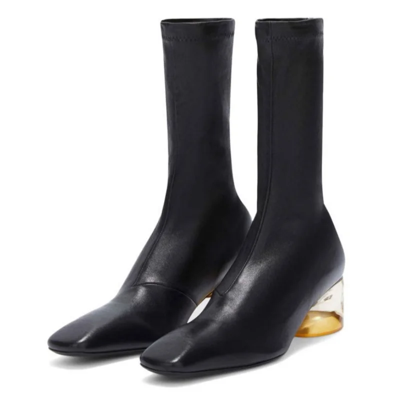 

Sexy Square Toe Slim Fit Women's Mid Calf Boots Strange Heels Black Female Boots Mid Heel Solid Color Fashion Ladies Short Boots