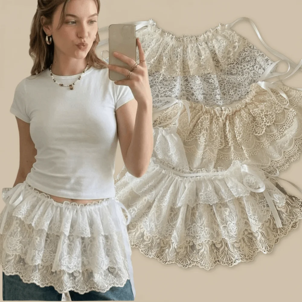 Rok Mini Renda Putih Gaya Balletcore Korea, Rok Pendek Berlapis Ruffle Elastis untuk Wanita